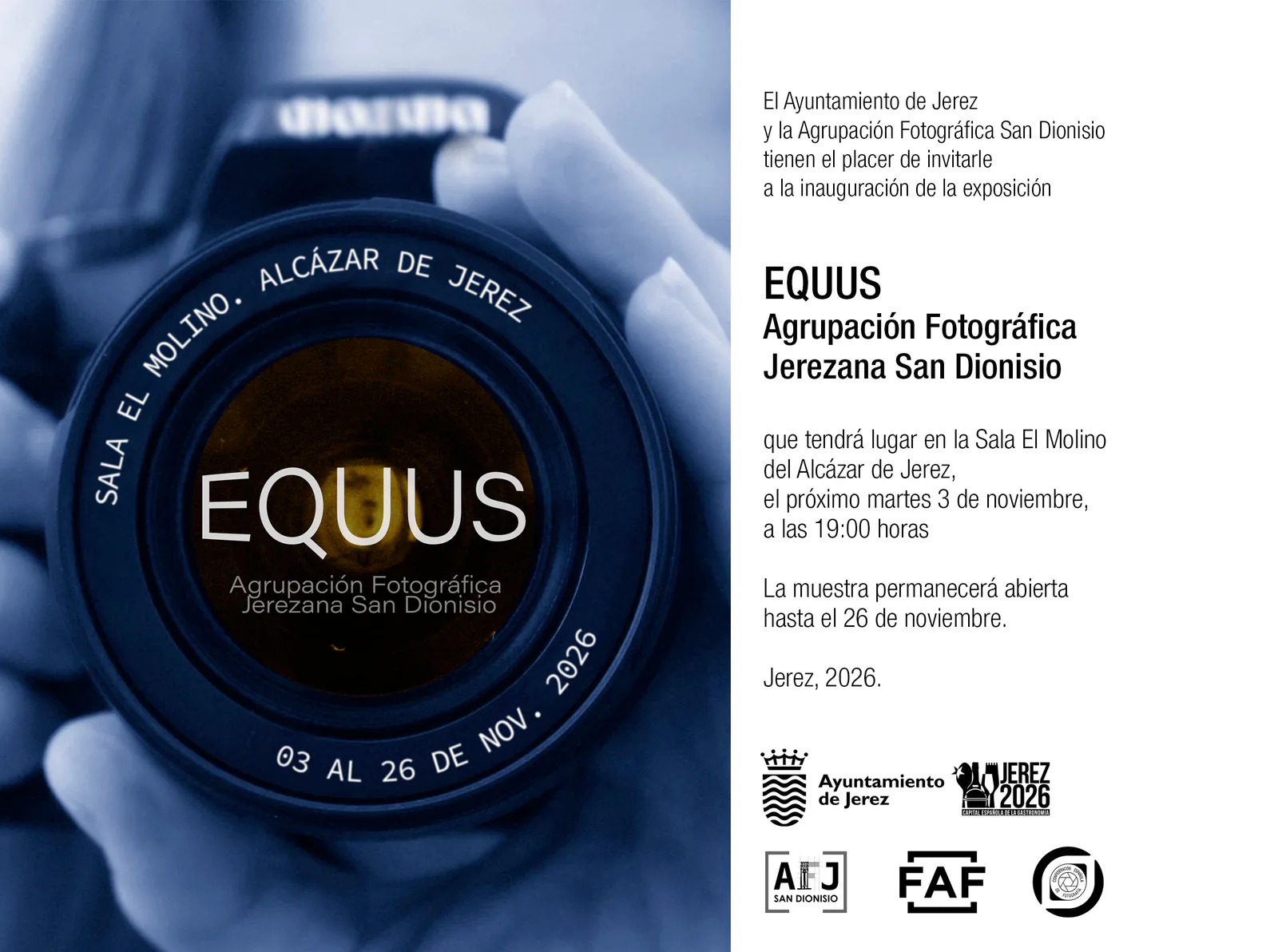 Invitación a la inauguración de la exposición fotográfica «EQUUS» de la Agrupación Fotográfica Jerezana San Dionisio